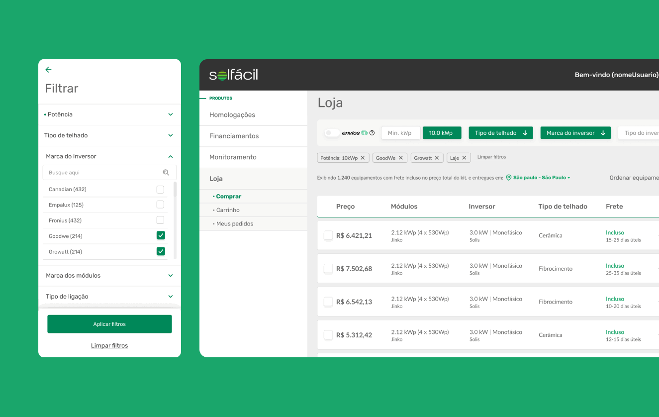 Interface da loja Solfácil